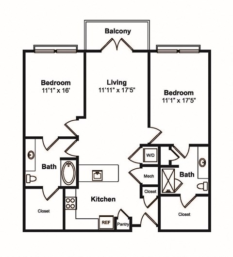 Floor plan for 2 beds, 2 baths, 1250 sqft